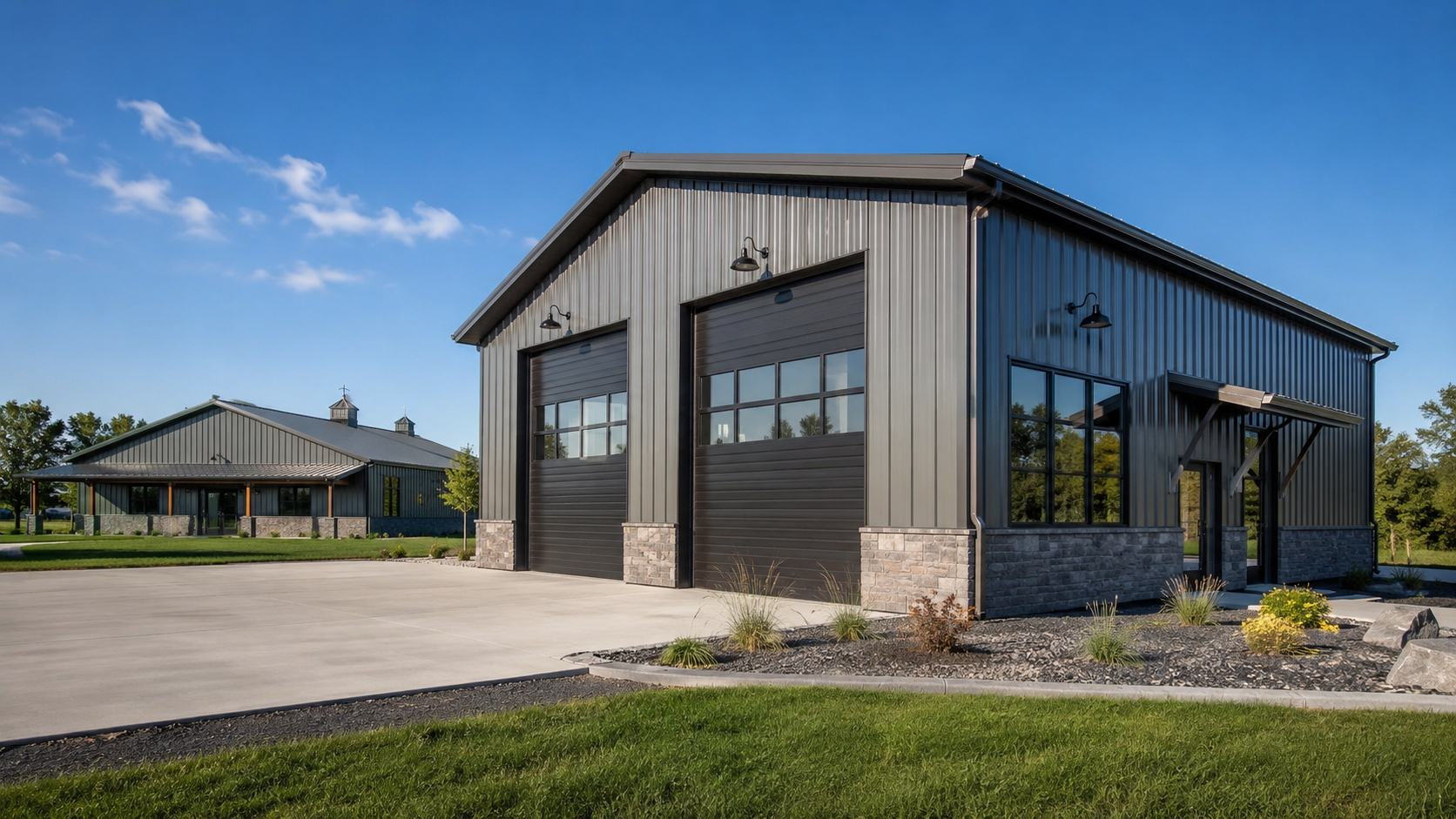 Finished barndominium with double garage doors